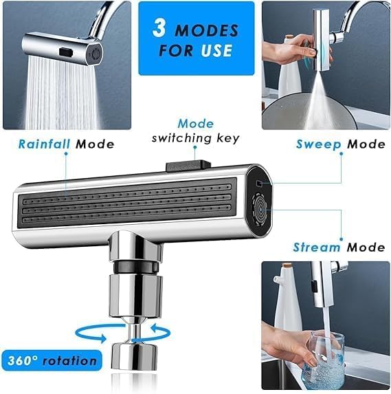 3 in 1 Waterfall Kitchen Faucet,360° Swivelling Anti-Splash Sink Faucet Sprayer Adapter,Universal Tap Extender for Kitchen and Bathroom Sink and Wash Basin
