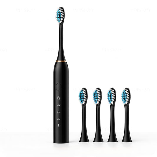 USB Fast Rechargeable Sonic Toothbrush With 4 Soft Brush Heads & 6 Advance Modes, IPX7 Waterproof With Smart Timmer, 5X Plaque Reduction (ELE_Toothbrush_Black)
