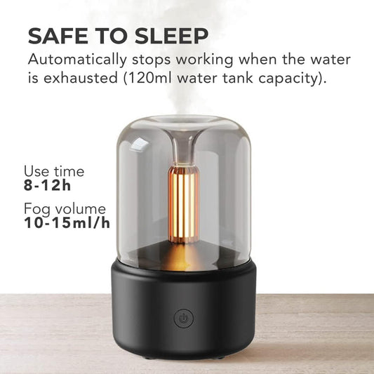 MANRUK™ 120ML Aroma Diffuser Flame Air Diffuser, Candlelight Humidifier, Portable Essential Oil Diffuser Noiseless Waterless Auto-Off Protection for Spa Home Yoga Office Bedroom (Black)