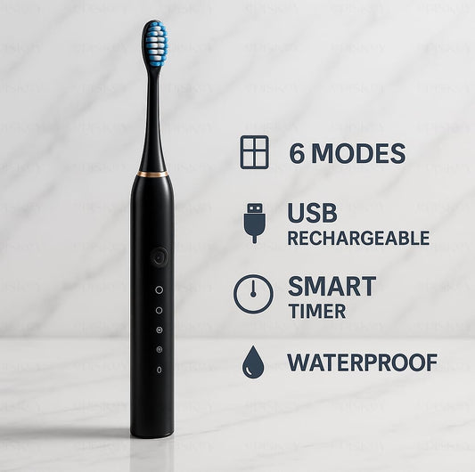 Electric Smart X-9, USB Fast Rechargeable Sonic Toothbrush With 4 Soft Brush Heads & 6 Advance Modes, IPX7 Waterproof With Smart Timmer, 5X Plaque Reduction (ELE_Toothbrush_Black)
