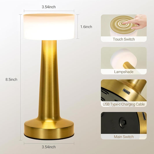 LED Table Lamp – Touch Control with 3 Brightness Levels & 3 Color Modes | Rechargeable Metal Desk Lamp for Bedroom, Nightstand, Living Room, Office & Study Table (Gold White, 1 Pcs)