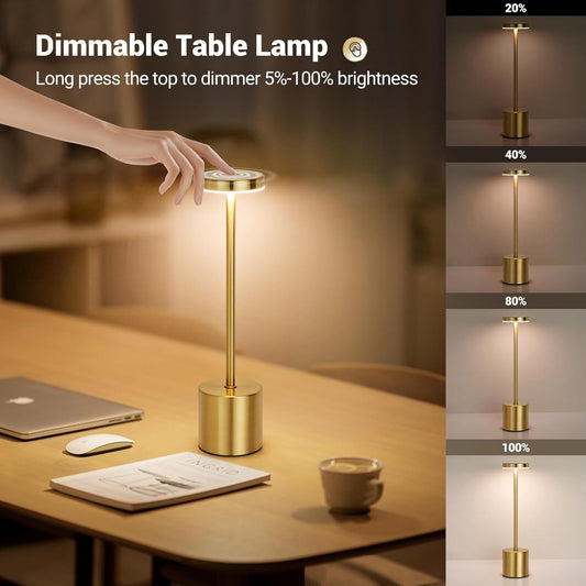 Rechargeable Table Lamp, Battery Operated LED Table Lamps, Metal, Gold Adjustable Brightness with Touch