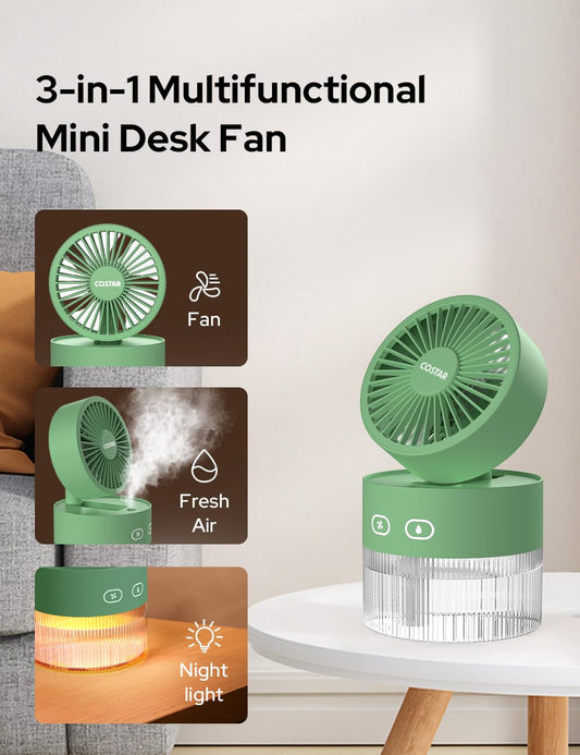 Portable Table Fan with Mist Humidify, USB Rechargeable Fan w/Night Light, Brushless 3 Speeds Personal Mini Fan, 180° Rotate Evaporative Air Cooler 350ml Water Tank (Green)
