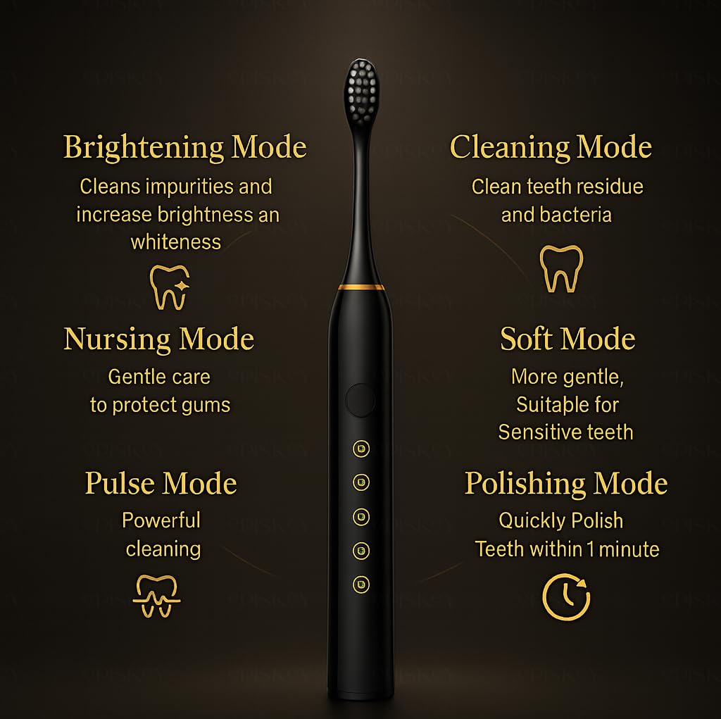 Electric Smart X-9, USB Fast Rechargeable Sonic Toothbrush With 4 Soft Brush Heads & 6 Advance Modes, IPX7 Waterproof With Smart Timmer, 5X Plaque Reduction (ELE_Toothbrush_Black)