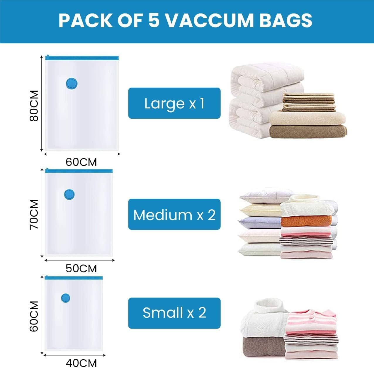 Vacuum Storage Bags for Clothes with Hand Pump – 5-Pack Space Saver Bags for Travel & Home – Self-Compression Organizer for Blankets, Comforters, Jackets & Sweaters