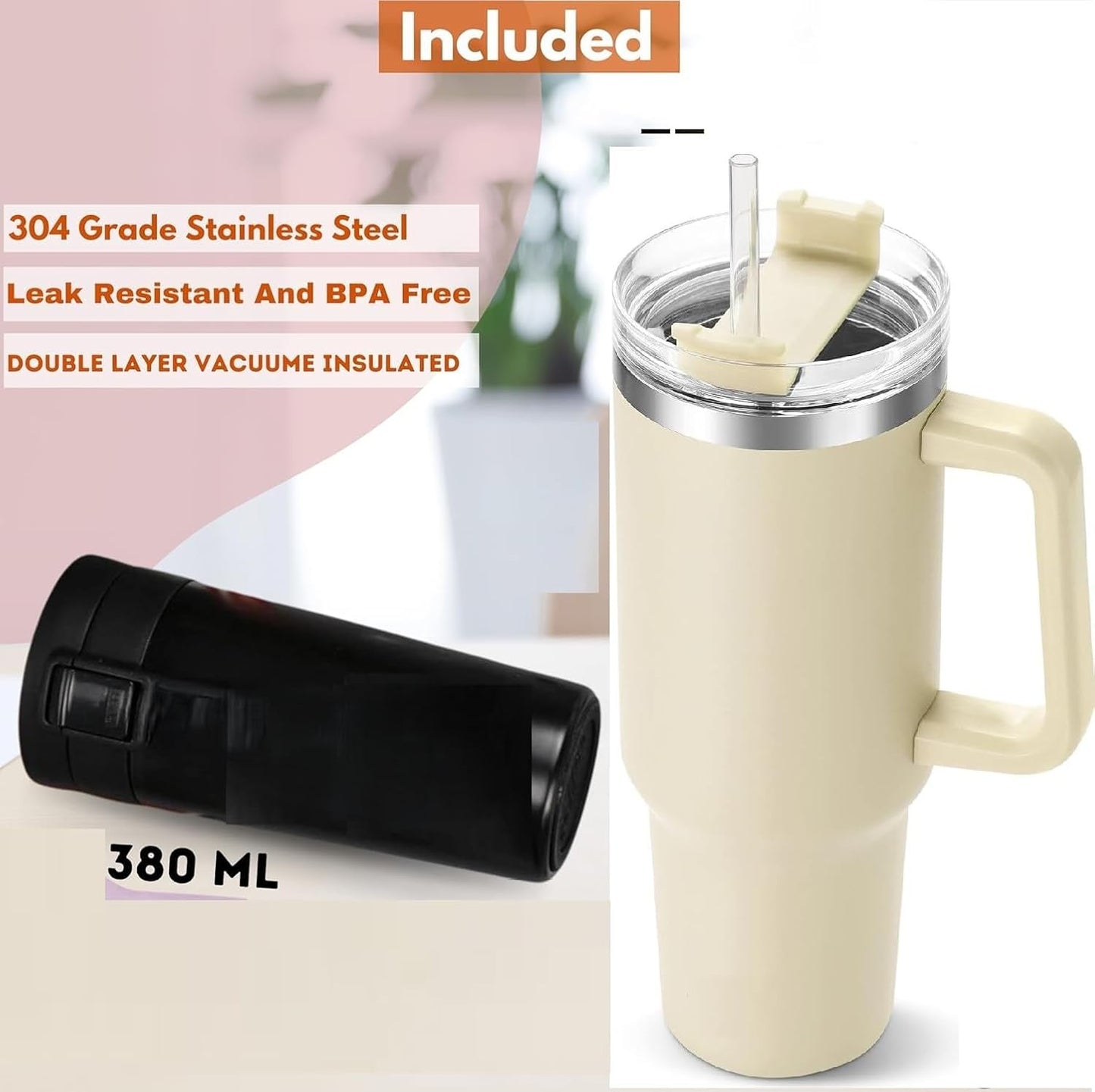 1200ML Tumbler with Lid and Straw | Stainless Steel Water Tumbler Sipper Insulated Hot and Cold with Handle Leak Proof Cup Coffee Mug Cupholder for Gym Office Travelling