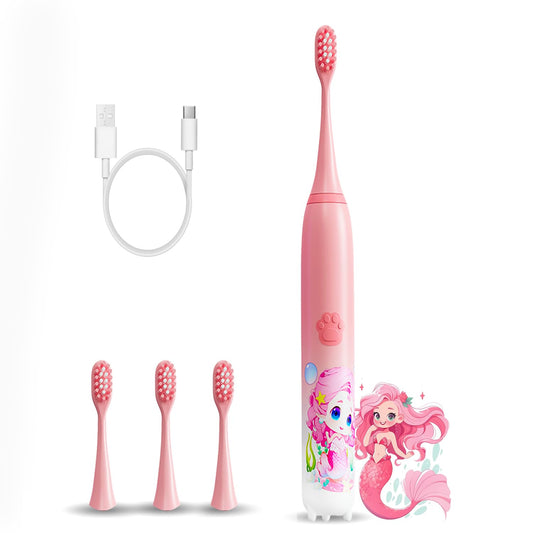 Sonic Electric Kids Toothbrush with 5 Modes, 3 Brush Heads & Rechargeable Battery, Ultra Soft Nylon Bristles, 2 Min Timer, IPX7 Waterproof, Type-C Electric Power Toothbrush (Pink)