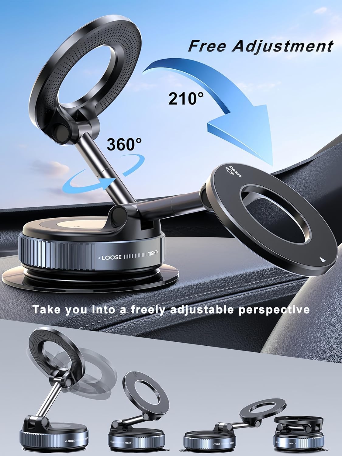 ZedGear 360° Magnetic Car Mobile Holder for Dashboard Vacuum Suction Phone Holder Mount Hand Free Magnetic Cell Phone Stand with Strong Grip Shockproof Suction Cup for Car Gym Office Table - Black
