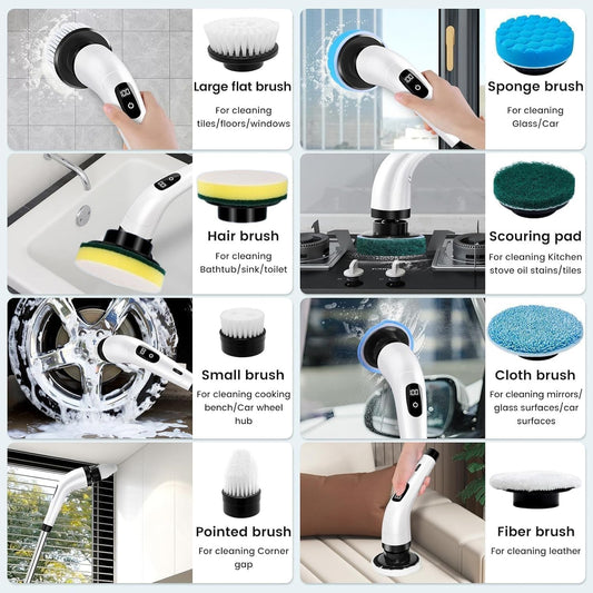 Electric Spin Scrubber,Cleaning Brush Scrubber for Home, 400RPM/Mins-9 Replaceable Brush Heads-90Mins Work Time,Adjustable Size,2 Adjustable Speeds for Bathroom Shower