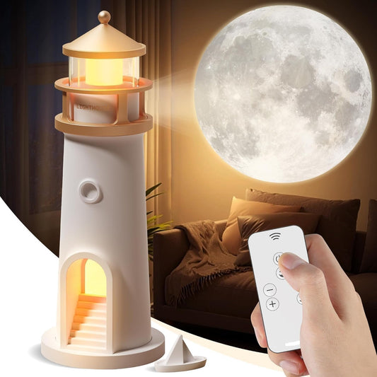 Lighthouse Moon Projection Lamp with Remote Control | USB Rechargeable | 4-Steps Dimmable | LED Decorative Night Light Projector for Bedroom, Living Room, Kids Room, Gifts, Home Decor