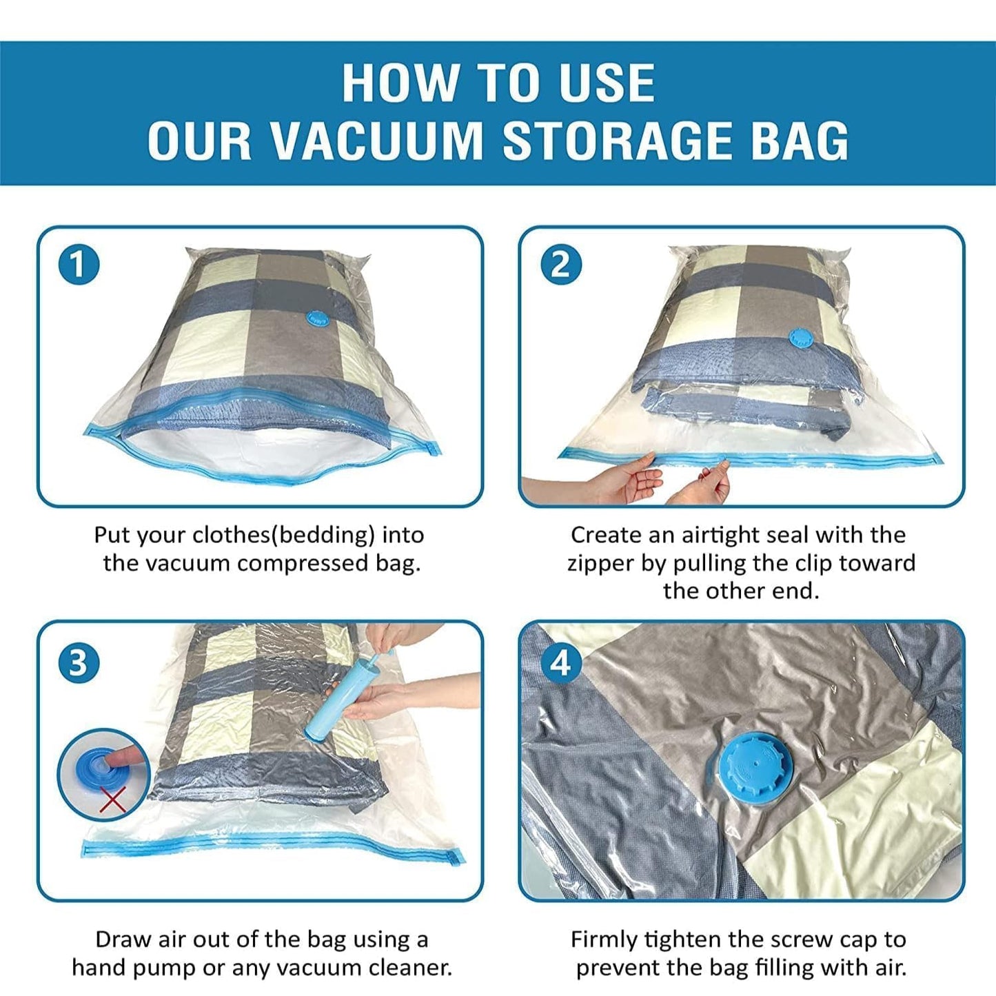 Vacuum Storage Bags for Clothes with Hand Pump – 5-Pack Space Saver Bags for Travel & Home – Self-Compression Organizer for Blankets, Comforters, Jackets & Sweaters