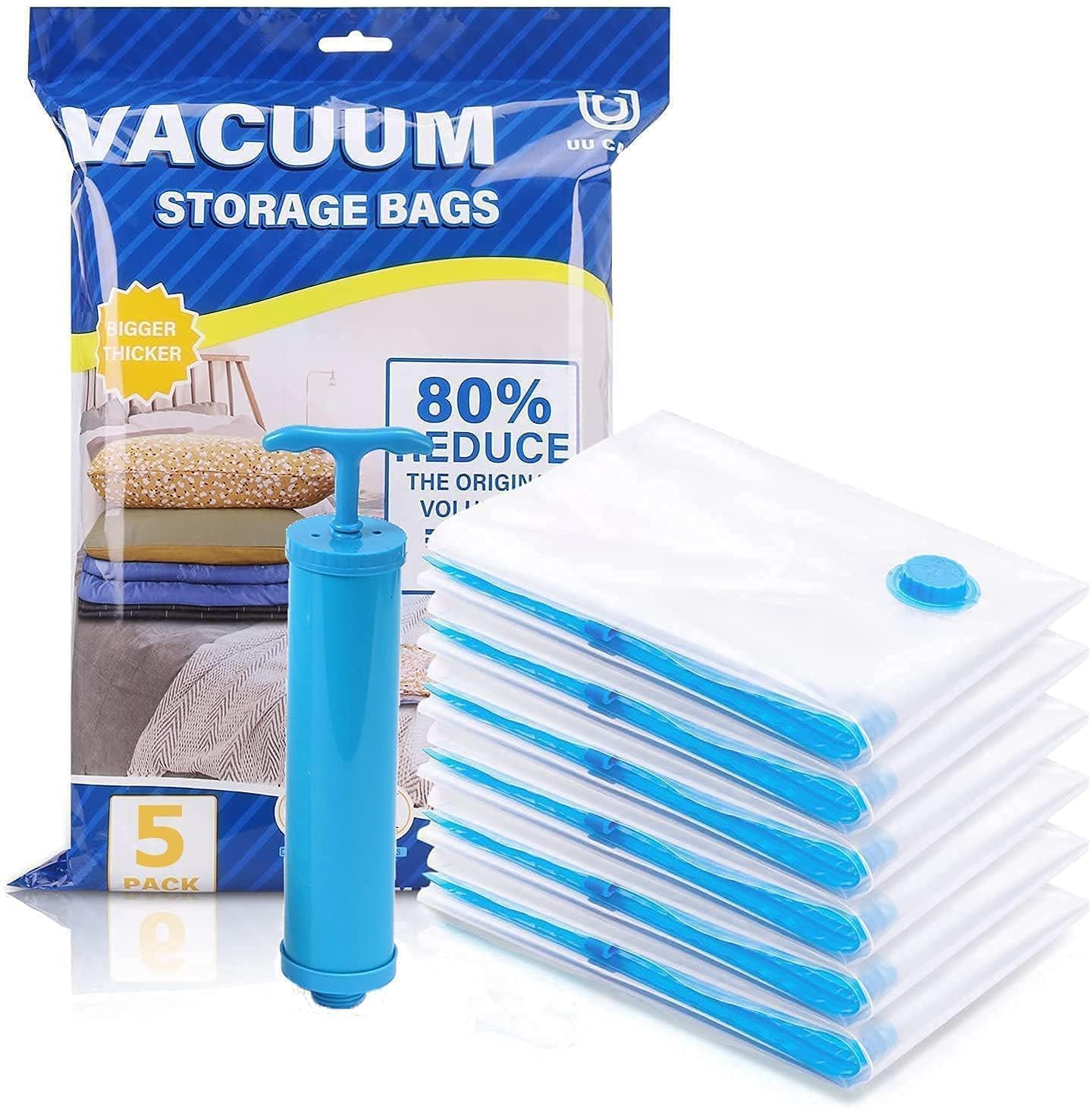 Vacuum Storage Bags for Clothes with Hand Pump – 5-Pack Space Saver Bags for Travel & Home – Self-Compression Organizer for Blankets, Comforters, Jackets & Sweaters