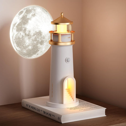 Lighthouse Moon Projection Lamp with Remote Control | USB Rechargeable | 4-Steps Dimmable | LED Decorative Night Light Projector for Bedroom, Living Room, Kids Room, Gifts, Home Decor