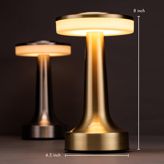 Modern Brass Rechargeable LED Table Lamp | Wireless Cordless Metal Lamp with Touch Dimming & USB Charging | Portable Ambient Light for Bedroom, Living Room, Study