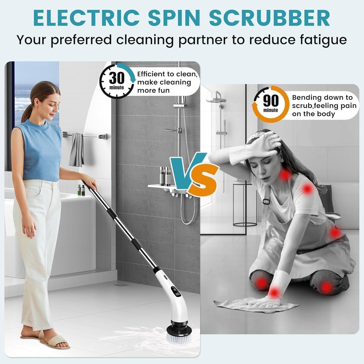 Electric Spin Scrubber,Cleaning Brush Scrubber for Home, 400RPM/Mins-9 Replaceable Brush Heads-90Mins Work Time,Adjustable Size,2 Adjustable Speeds for Bathroom Shower