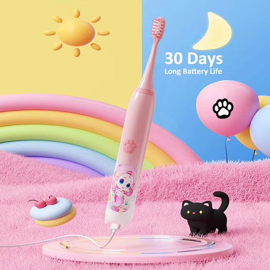Sonic Electric Kids Toothbrush with 5 Modes, 3 Brush Heads & Rechargeable Battery, Ultra Soft Nylon Bristles, 2 Min Timer, IPX7 Waterproof, Type-C Electric Power Toothbrush (Pink)