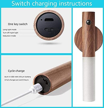 Wood Motion Sensor Night Light | LED Body Sensor, 3 Adjustable Modes | USB Rechargeable, Energy Efficient | Ideal for Bedroom, Hallway, Staircase | Pack of 1