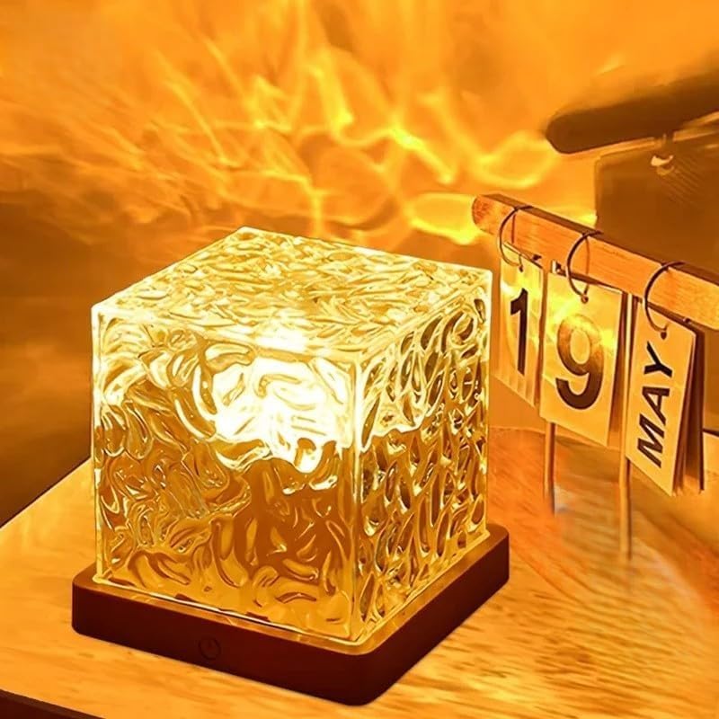 Acrylic Romantic Ocean Wave Night Light Projector Lamp, 3D Water Wave Effect Crystal Table Lamp with Remote Control (Battery Not Included), LED Projection for Bedroom Decor, Cube