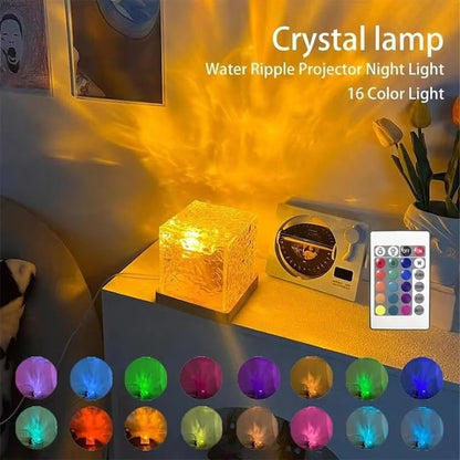 Acrylic Romantic Ocean Wave Night Light Projector Lamp, 3D Water Wave Effect Crystal Table Lamp with Remote Control (Battery Not Included), LED Projection for Bedroom Decor, Cube