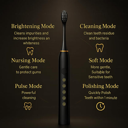 Electric Smart X-9, USB Fast Rechargeable Sonic Toothbrush With 4 Soft Brush Heads & 6 Advance Modes, IPX7 Waterproof With Smart Timmer, 5X Plaque Reduction (ELE_Toothbrush_Black)