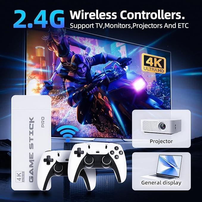 2.4G Wireless Game Stick New Wireless Console Retro Video Game for TV- 4K Ultra HD | Video Game | Gaming Console | Retro Game Stick | 20000 Plus Games | 23 Emulators | Dual-Player Setup |