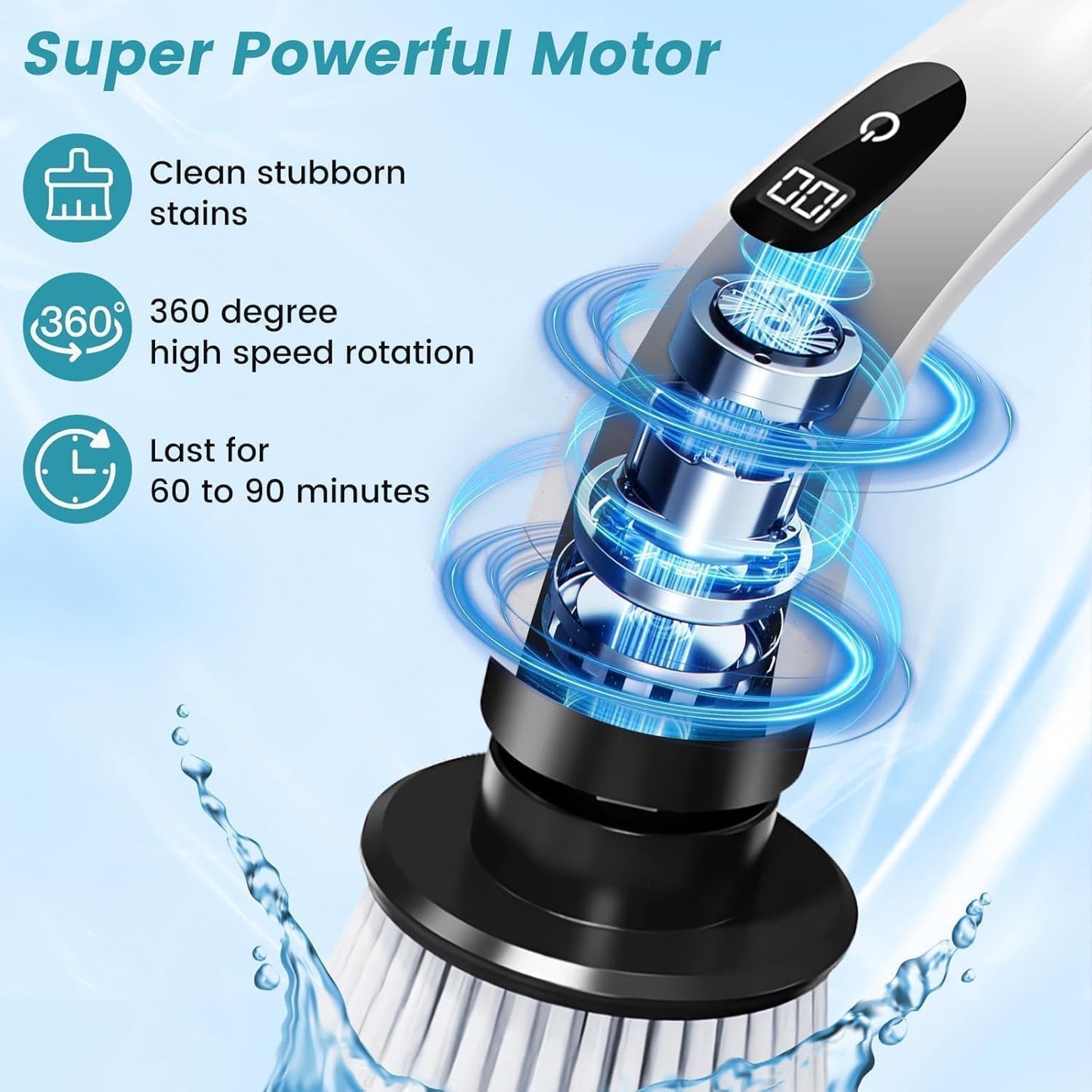 Electric Spin Scrubber,Cleaning Brush Scrubber for Home, 400RPM/Mins-9 Replaceable Brush Heads-90Mins Work Time,Adjustable Size,2 Adjustable Speeds for Bathroom Shower