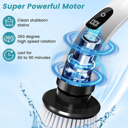 Electric Spin Scrubber,Cleaning Brush Scrubber for Home, 400RPM/Mins-9 Replaceable Brush Heads-90Mins Work Time,Adjustable Size,2 Adjustable Speeds for Bathroom Shower
