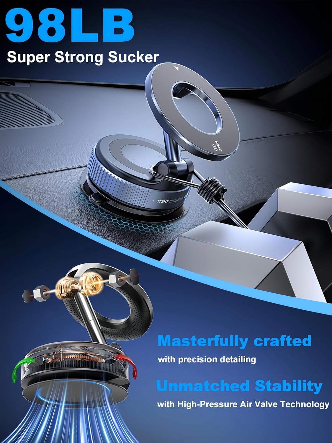 ZedGear 360° Magnetic Car Mobile Holder for Dashboard Vacuum Suction Phone Holder Mount Hand Free Magnetic Cell Phone Stand with Strong Grip Shockproof Suction Cup for Car Gym Office Table - Black