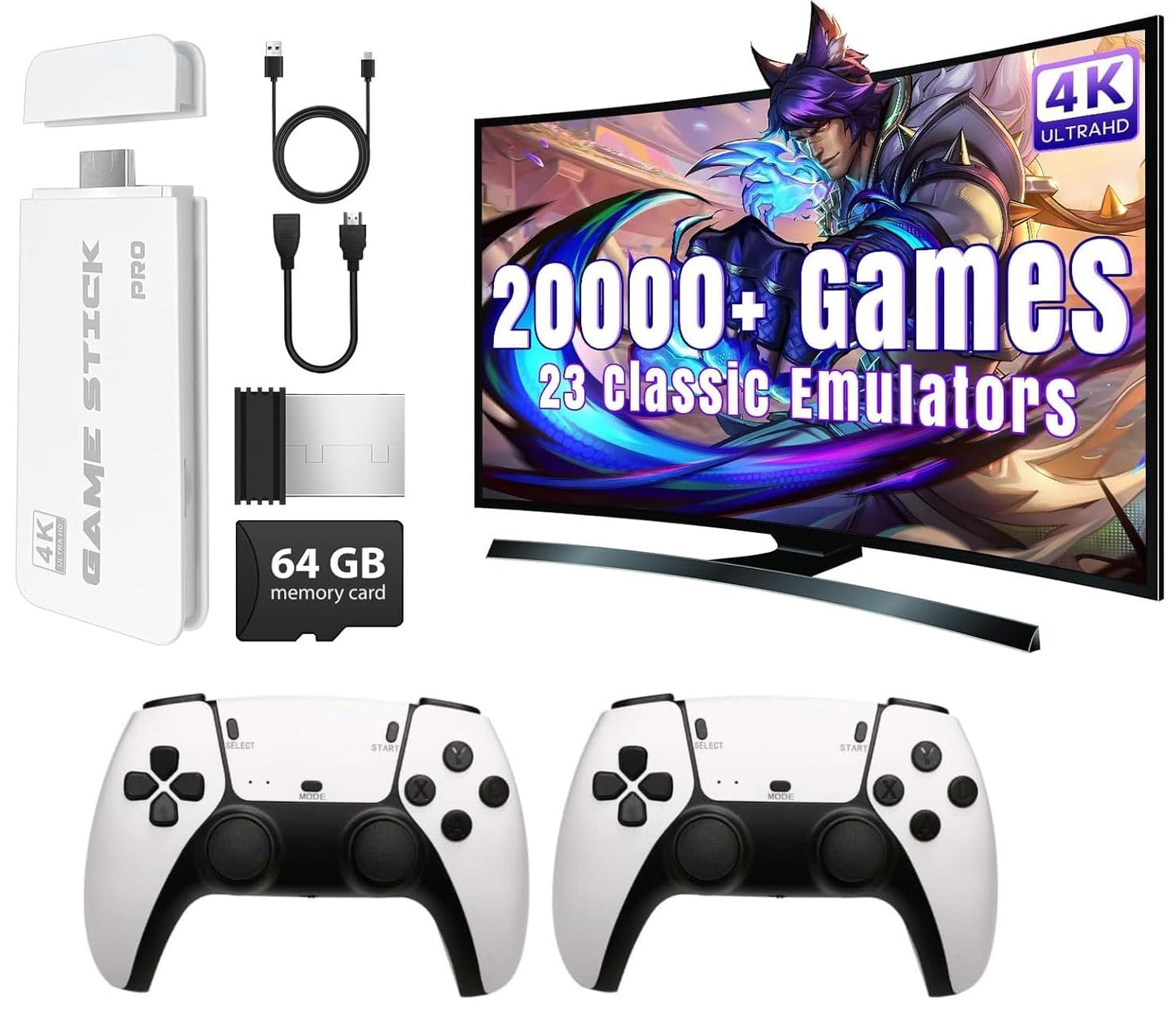 2.4G Wireless Game Stick New Wireless Console Retro Video Game for TV- 4K Ultra HD | Video Game | Gaming Console | Retro Game Stick | 20000 Plus Games | 23 Emulators | Dual-Player Setup |