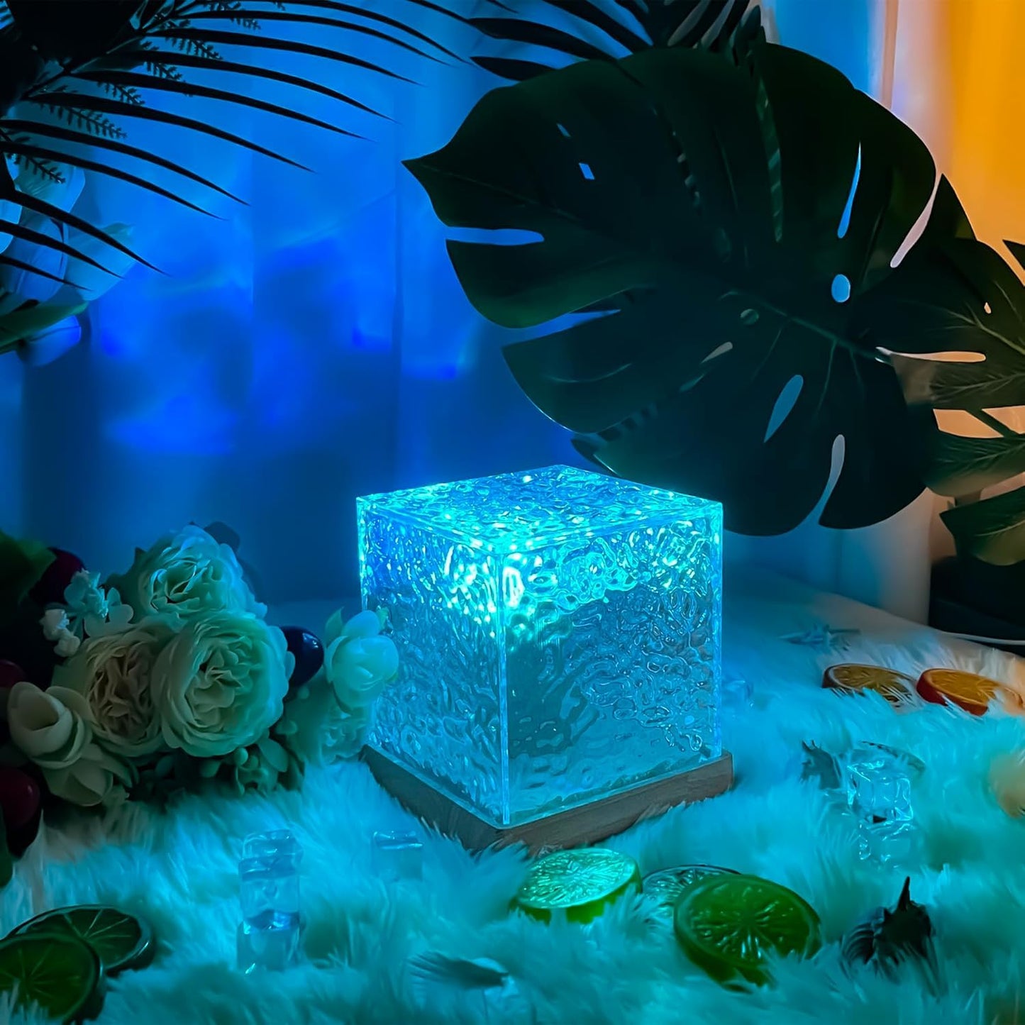 Acrylic Romantic Ocean Wave Night Light Projector Lamp, 3D Water Wave Effect Crystal Table Lamp with Remote Control (Battery Not Included), LED Projection for Bedroom Decor, Cube