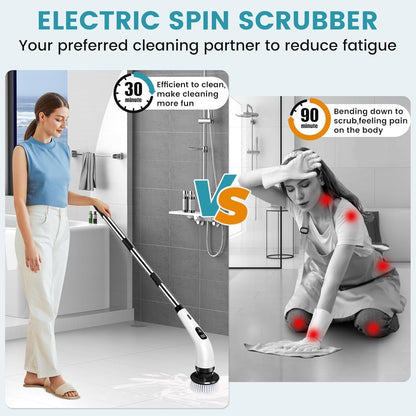 Electric Spin Scrubber,Cleaning Brush Scrubber for Home, 400RPM/Mins-9 Replaceable Brush Heads-90Mins Work Time,Adjustable Size,2 Adjustable Speeds for Bathroom Shower