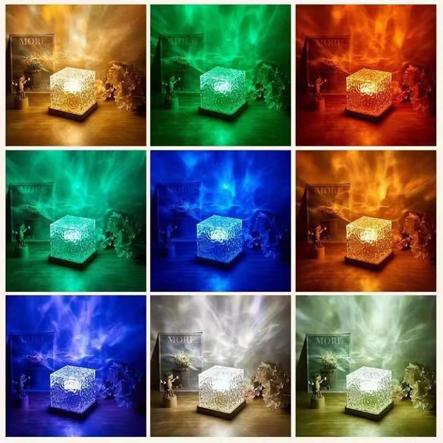 Acrylic Romantic Ocean Wave Night Light Projector Lamp, 3D Water Wave Effect Crystal Table Lamp with Remote Control (Battery Not Included), LED Projection for Bedroom Decor, Cube