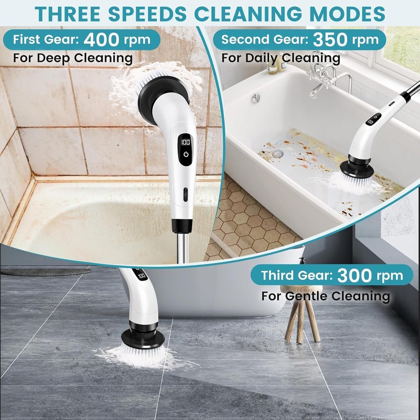 Electric Spin Scrubber,Cleaning Brush Scrubber for Home, 400RPM/Mins-9 Replaceable Brush Heads-90Mins Work Time,Adjustable Size,2 Adjustable Speeds for Bathroom Shower