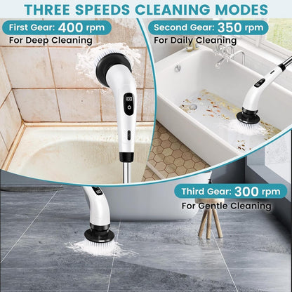 Electric Spin Scrubber,Cleaning Brush Scrubber for Home, 400RPM/Mins-9 Replaceable Brush Heads-90Mins Work Time,Adjustable Size,2 Adjustable Speeds for Bathroom Shower