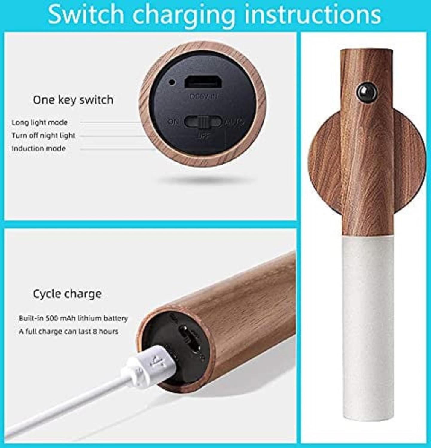 Wood Motion Sensor Night Light | LED Body Sensor, 3 Adjustable Modes | USB Rechargeable, Energy Efficient | Ideal for Bedroom, Hallway, Staircase | Pack of 1