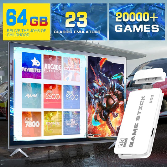 2.4G Wireless Game Stick New Wireless Console Retro Video Game for TV- 4K Ultra HD | Video Game | Gaming Console | Retro Game Stick | 20000 Plus Games | 23 Emulators | Dual-Player Setup |